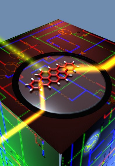 An artist's view of a photonic circuit with molecular building blocks. A single-molecule optical transistor is depicted using a standard symbol for an electronic transistor. (Credit: Robert Lettow).
